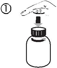 Un dedo con una punta indica con una flecha la dirección de inserción del elemento en el orificio de la tapa de la botella de medicamento junto al número uno