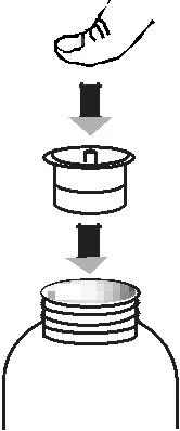 Instrucción esquemática que muestra una mano sosteniendo un elemento de la tapa, que se coloca sobre la parte superior de la botella roscada mediante flechas direccionales