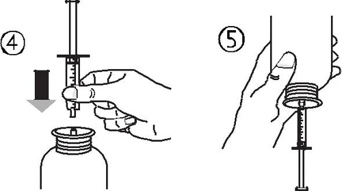 Ilustración instructiva número 4 que muestra una mano sosteniendo una jeringa sobre un frasco con una flecha negra apuntando hacia abajo, y la ilustración número 5 con una mano sosteniendo el frasco