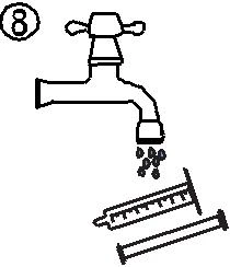 Instrucción en blanco y negro que muestra un grifo del que gotea agua hacia una jeringa colocada sobre una superficie plana junto a un recipiente vacío con el número 8