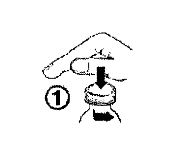 Schematic instruction for placing the cap on the medicine bottle, illustrating a downward pressing and right-turning motion, marked with the number 1