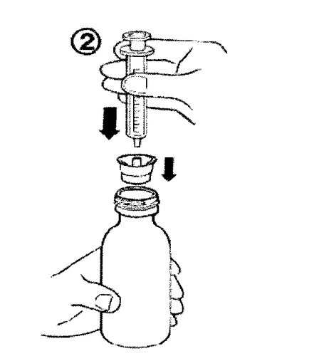 A hand holding a syringe inserting its tip into the vial opening, indicated by black downward-pointing arrows next to the number two