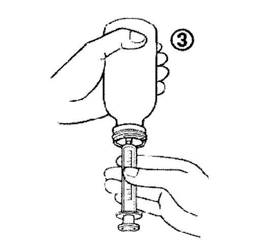 A hand holding the medicine vial above a syringe stabilized at its base by another hand, with the number three in a circle nearby