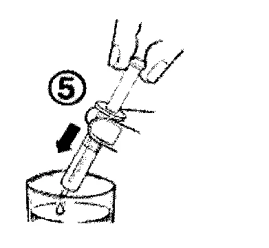 Hands holding a syringe angled downward toward a container with liquid, with a black arrow and the number five in a circle nearby
