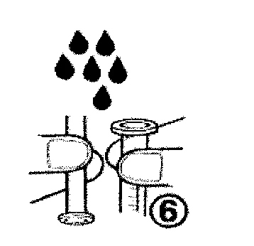 A black icon depicting seven drops of liquid falling over two syringes, with the number six in a circle marked
