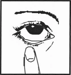 Ilustración lineal en negro del ojo humano con largas pestañas y un dedo índice situado directamente debajo del párpado inferior