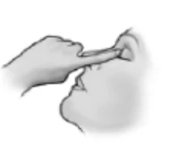 Black and white sketch illustration showing a hand inserting a finger into the ear of a facial profile to administer medication