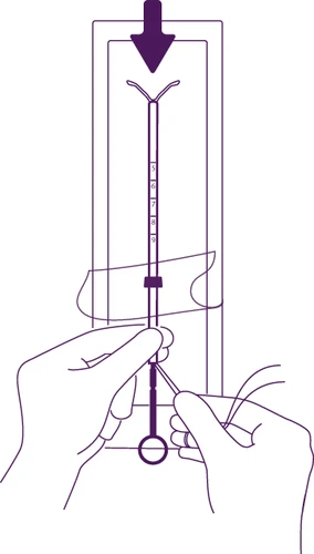 Hands holding a thin tube with a numerical scale and a circular element at the bottom, placed inside a vertical container with a dark arrow pointing downward