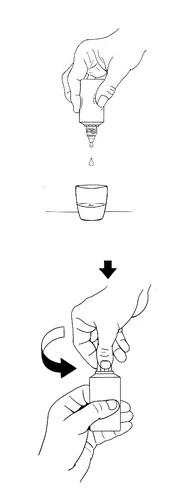 Hand squeezing a drop of liquid from a small container into a glass, and hands turning the container upside down in the direction of the arrow