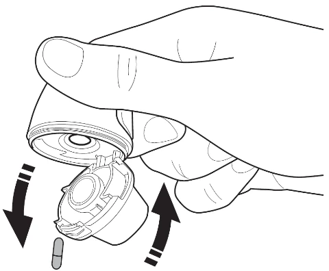 Close-up of hands unscrewing the upper part of a medical device, showing the direction of movement with arrows pointing downward and upward during cap removal