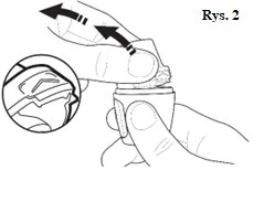 Hands holding a medication device; one hand slides the upper part of the device upward, showing an enlarged detail of the locking mechanism