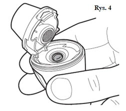Hand holding an open medication package, revealing the internal mechanism with a circular component and a visible mesh in the upper part of the cap