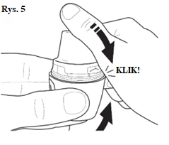 Hands holding a medical applicator; thumb pressing the upper part of the device with a black arrow and the word CLICK indicating the audible click sound
