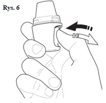 Hand holding a white medical device; thumb sliding along the side of the housing in the direction indicated by a black arrow