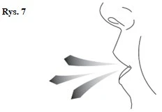 Side profile view of a human face with lines symbolizing a stream of air or aerosol emerging from the mouth in the form of three bands