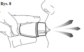 Hand holding an inhaler at the mouth of a person, with a stream of medication shown as three diverging lines directed toward the oral cavity