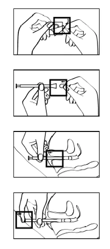 Four illustrations showing the process of preparing and administering medication with a syringe, from opening the packaging to injecting the substance into the tissue