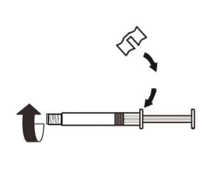 Dibujo esquemático de una jeringa con dos flechas curvas que indican el movimiento rotatorio de la pieza superior y el desplazamiento del émbolo hacia arriba