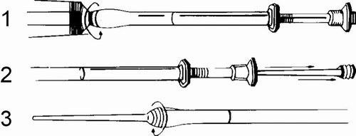 Three diagrams showing sequentially: screwing on the syringe tip, extending the plunger, and setting the drug dose by rotating the dial
