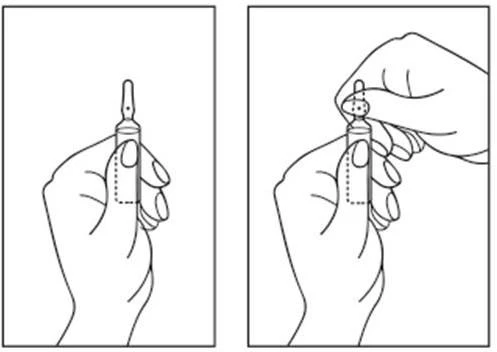 Dos instrucciones dibujadas en blanco y negro que muestran manos sujetando un frasco de medicamento; una mano sostiene el frasco verticalmente y la otra desenrosca la parte superior