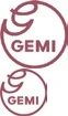Due logotipi identici bordeaux a forma di cerchio con la scritta GEMI e un simbolo decorativo a volute nella parte superiore di ciascun cerchio
