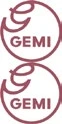 Due logotipi identici bordeaux a forma di cerchio con una linea decorativa simile a una lettera G e la scritta GEMI all'interno di ciascuno