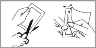 Hands cutting with scissors a rectangular section of the packaging and hands tearing a paper element along the marked dotted line