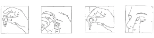 Four linear diagrams showing the process of preparing and administering medication, including holding a syringe, piercing the skin, and a close-up of the patient's face