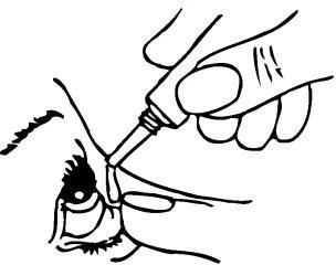 A hand holding a small bottle with an applicator, from which a drop of medication is entering directly into an eye shown in profile