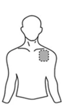 Contorno de la silueta masculina con un parche médico cuadrado gris colocado en la parte izquierda del tórax