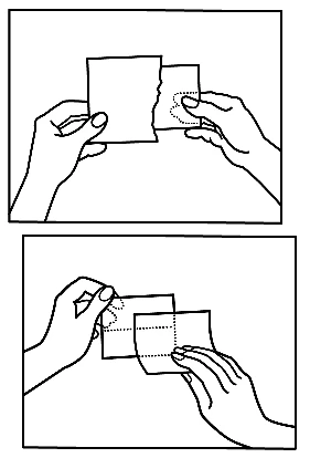 Two pairs of hands holding white sheets of paper, one pair separating a sheet along a line, the other placing one sheet on top of the other