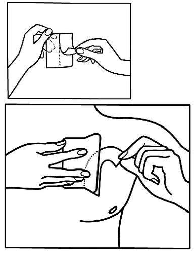 Two illustrated instructions showing hands peeling off a medication's paper packaging and applying a patch onto the chest skin