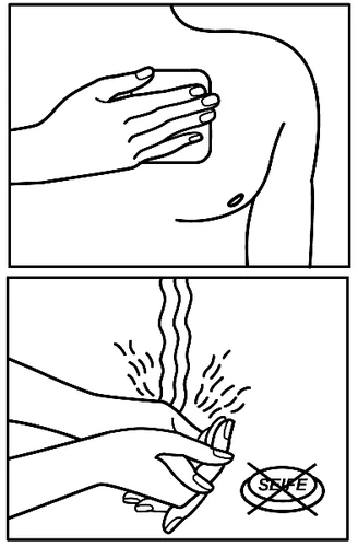 An illustration showing a hand applying patches to the chest and hands firmly pressing on an applied patch with the word SELF written on it