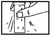 A hand holding a rectangular test strip vertically, with the index finger pressing the upper part to perform a medical test