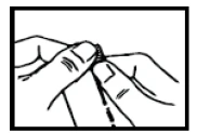 Two hands holding and separating a white component or medication packaging, depicted as a black-and-white line drawing