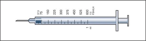 Transparent 1 ml syringe with needle, graduated in FSH/LH units from 37.5 to 600, containing blue liquid in the lower part of the barrel