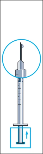 Vertical syringe with needle and a drop of liquid at the tip, with a blue upward arrow near the plunger indicating withdrawal movement