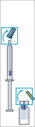 Diagram showing unscrewing the cap from the vial and removing the syringe tip protector using curved blue arrows indicating rotational movement