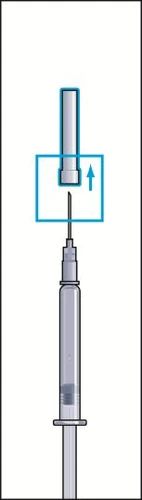 Cross-section of a syringe with needle, where a blue arrow indicates the movement of the upper part of the plunger being pulled upwards away from the needle