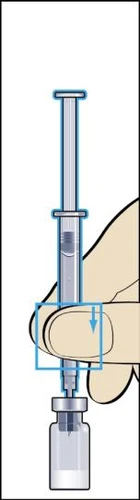Hand holding a syringe vertically, pressing the plunger down to draw liquid from a transparent medication vial