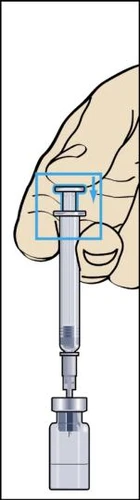 Hand holding a syringe with needle being inserted into a glass medication vial, with a blue arrow indicating downward plunger movement