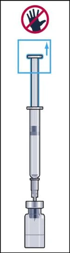 Syringe with plunger pulled fully upward, with a 'no pulling' prohibition symbol above it, connected to a medication vial below