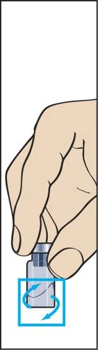 Right hand holding a glass vial with liquid, with blue arrows indicating rotational movement to unscrew the cap or open the packaging