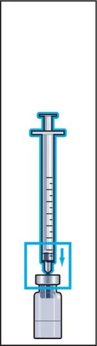 Syringe with needle inserted vertically into a glass medication vial, marked with a blue downward-pointing arrow and a frame around the contact area