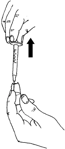 A hand holding a syringe with a needle inserted into a finger, a black arrow pointing upward indicating the motion of pulling the syringe plunger