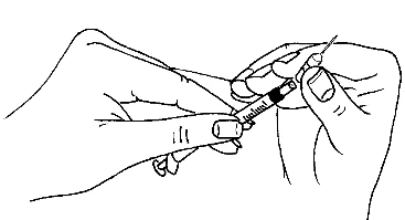 Two hands holding a syringe with a needle, preparing medication for administration, a black line drawing on a white background