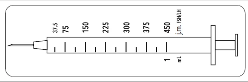 Schematic syringe with needle and milliliter scale, containing FSH/LH unit markings from 37.5 to 450 and a capacity of 1 mL