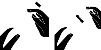 Black silhouette of a hand holding a small tablet and another hand in motion, preparing to take medication against a white background