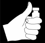 White hand holding vertically a small medication vial, thumb raised upward, against black background