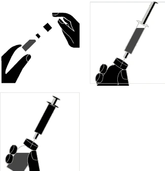 Black-and-white diagrams showing hands assembling a needle onto a syringe and inserting the needle into the vial cap
